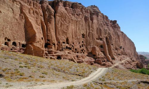 Caves in the cliffs near Bamyan (Bamiyan), Afghanistan. Local Afghan people still live in the caves. The caves are in cliffs where the Bamyan (Bamiyan) Buddhas used to stand. UNESCO site Afghanistan.